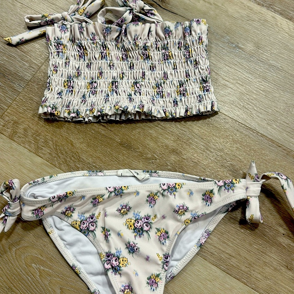 Girls Floral Smocked Bikini Set - Light Cream with Pink & Yellow Flowers